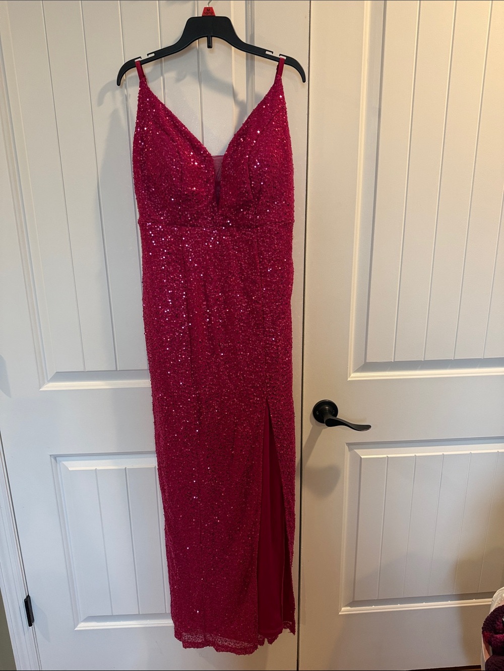 Fuchsia Sequin Spaghetti-Strap Evening Dress